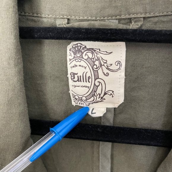 Tulle Linen/Cotton Women's Large Lightweight Olive Coat Pyramid Hardware - Picture 5 of 7